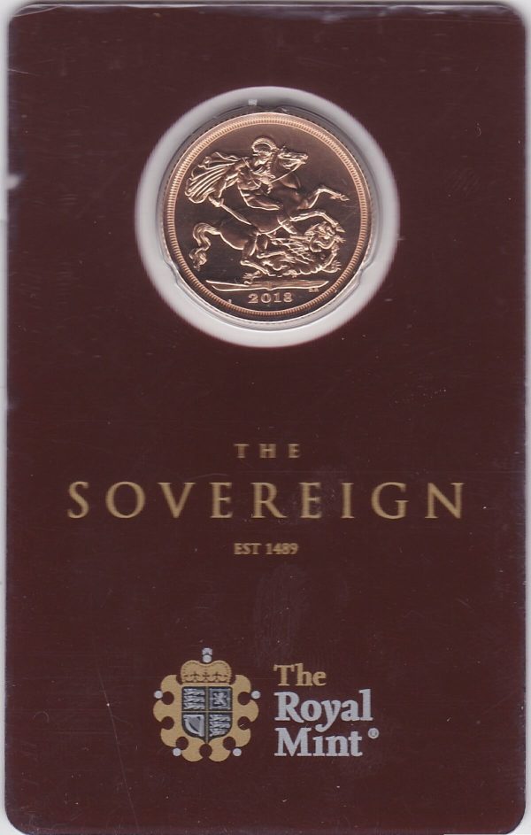 2018 I Gold Sovereign Coin. This coin features the fifth portrait of Queen Elizabeth II on the obverse. St George and dragon on the reverse.