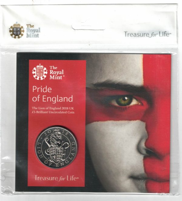 2018 Five Pounds Coin Pride of England. featuring Queen Elizabeth II on the Obverse. Crowned lion of England on Reverse. All five pound coins are in stock.