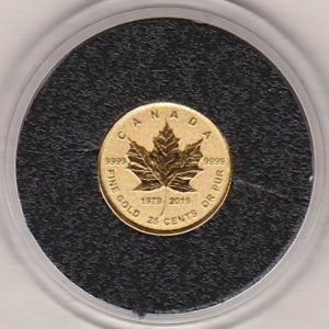 2019 Canada Gold 25 Cents Maple Leaf Coin. This Gold Maple Leaf coin was struck in 9999 Fine Gold and weighs approx. 0.5 grams.