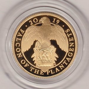 2019 Gold Proof Quarter Ounce Queen's Beasts The Falcon Of The Plantagenets Coin. The obverse features Queen Elizabeth II. The reverse features a Falcon.