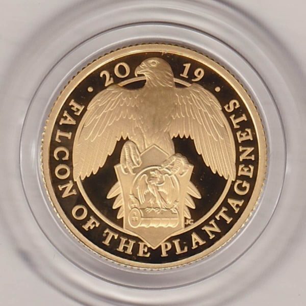 2019 Gold Proof Quarter Ounce Queen's Beasts The Falcon Of The Plantagenets Coin. The obverse features Queen Elizabeth II. The reverse features a Falcon.