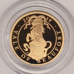 2019 Gold Proof Quarter Ounce Queen's Beasts The Yale Of Beaufort Coin. The obverse features Queen Elizabeth II. The reverse features a Yale.