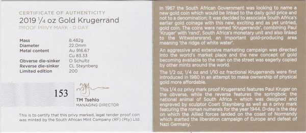 2019 South Africa Gold Proof Quarter Ounce D Day Krugerrand - Image 3