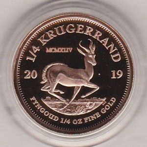 2019 South Africa Gold Proof Quarter Ounce D Day Krugerrand coin featuring Paul Kruger on the Obverse. The springbok antelope is on the Reverse.