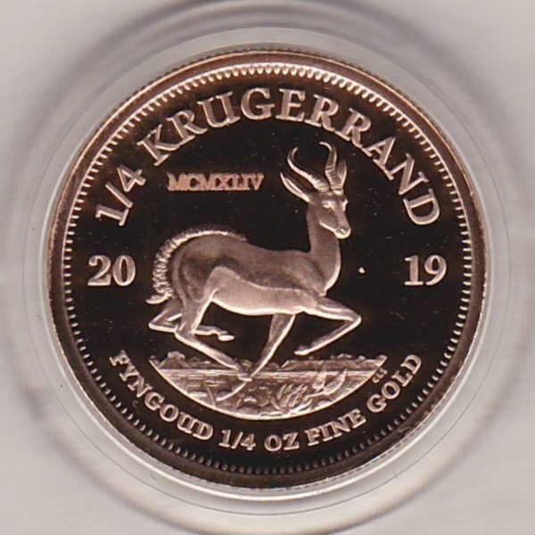 2019 South Africa Gold Proof Quarter Ounce D Day Krugerrand coin featuring Paul Kruger on the Obverse. The springbok antelope is on the Reverse.
