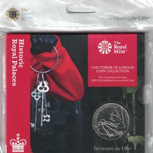 2019 Five Pounds Coin Tower of London. featuring Queen Elizabeth II on the Obverse. Three keys and lantern on Reverse. All five pound coins are in stock.