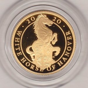 2020 Gold Proof Quarter Ounce Queen's Beasts The White Horse Of Hanover Coin. The obverse features Queen Elizabeth II. The reverse features a Horse.