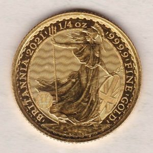 2021 Gold Quarter Ounce Britannia coin featuring Queen Elizabeth II on the Obverse. The standing Britannia on the Reverse.