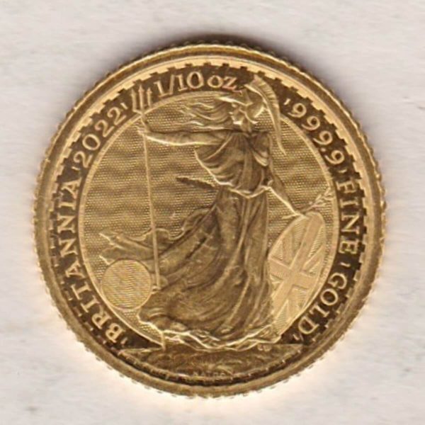 2022 Gold Tenth Ounce Britannia coin featuring Queen Elizabeth II on the Obverse. The standing Britannia holding a trident features on the Reverse.