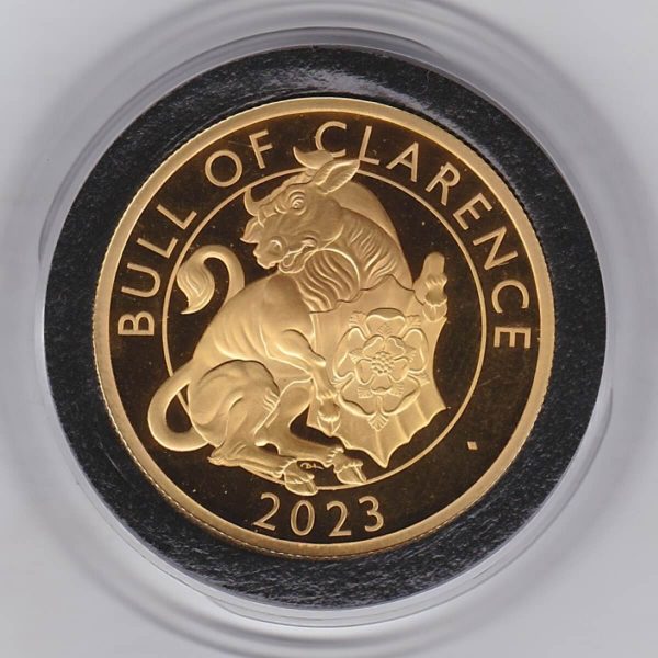 2023 Gold Proof One Ounce Bull Of Clarence. This coin was issued as part of the Tudor Beasts series by the Royal Mint. One ounce gold coin.