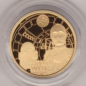 2023 Gold Proof Quarter Ounce R2-D2 & C-3PO coin featuring King Charles III on the Obverse. R2-D2 & C-3PO on the Reverse.