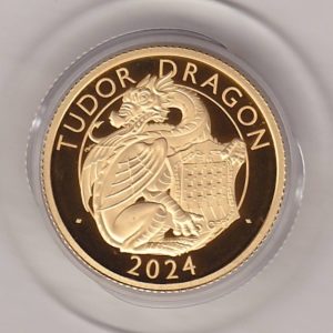 2024 Gold Proof Quarter Ounce Tudor Dragon coin. The obverse features King Charles III. The reverse features the Tudor Dragon.