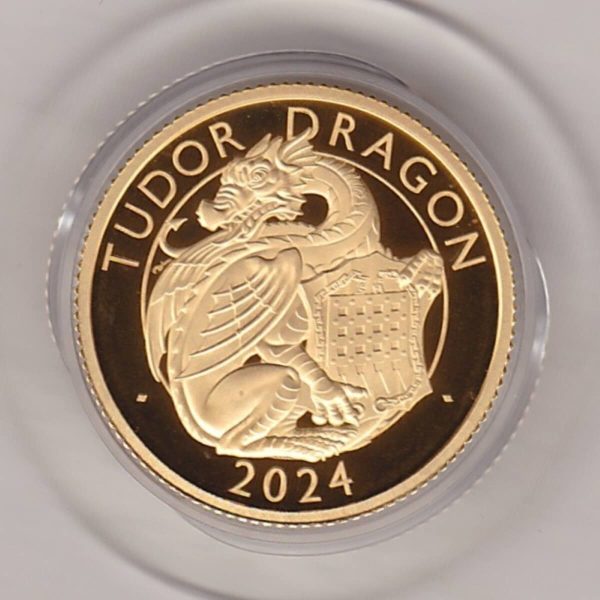 2024 Gold Proof Quarter Ounce Tudor Dragon coin. The obverse features King Charles III. The reverse features the Tudor Dragon.