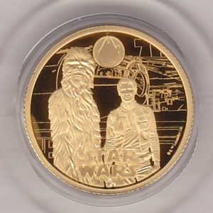 2024 Gold Proof Quarter Ounce R2-D2 & C-3PO coin featuring King Charles III on the Obverse. Han Solo & Chewbacca on the Reverse.