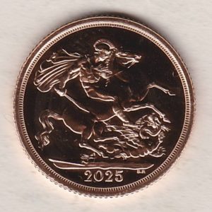 2025 Gold Sovereign Coin. The obverse features the portrait of King Charles III. St. George slaying the dragon on the reverse.