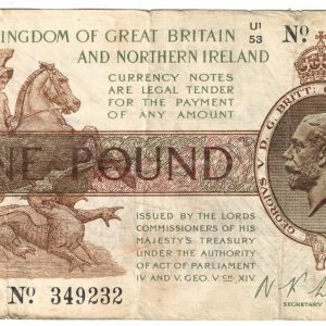 T34 Fisher One Pound banknote. The obverse features the portrait of King George V at the right and St. George and Dragon at left.