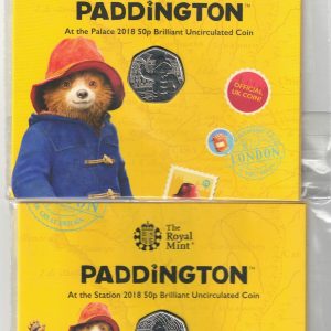 2018 Fifty Pence Coins Paddington At The Station & At The Palace coins featuring Queen Elizabeth II on the Obverse. The reverse features Paddington.