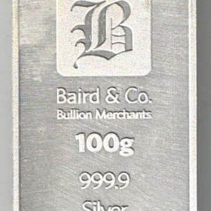 Bullion 100 Gram Silver Bar Baird & Co. All of our silver bars & rounds have been pre-owned and are in stock for despatch.