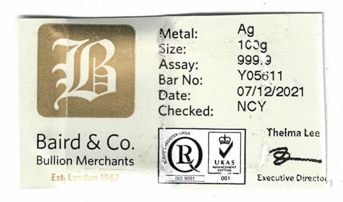 100 Gram Silver Bar Baird & Co - Image 3