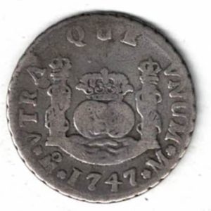 1747 Mo M Mexico Silver Two Reales Coin. The obverse features a crowned arms shield flanked by value with legend. All coins are in stock.