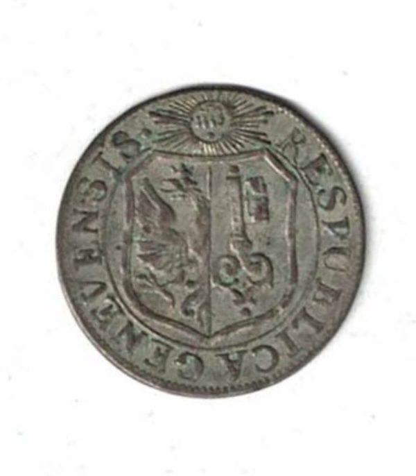1766 Switzerland Geneva Billon Three Sol Coin. The obverse features arms with sun above. The reverse features cruciform and the date.