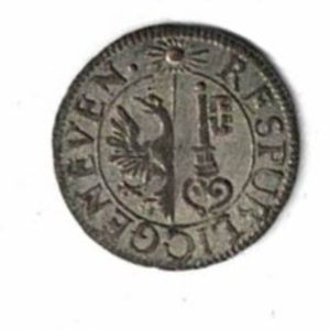 1775 Switzerland Geneva KM79 Six Deniers Billon Coin. The obverse features arms within circle. The reverse features the sun & date.