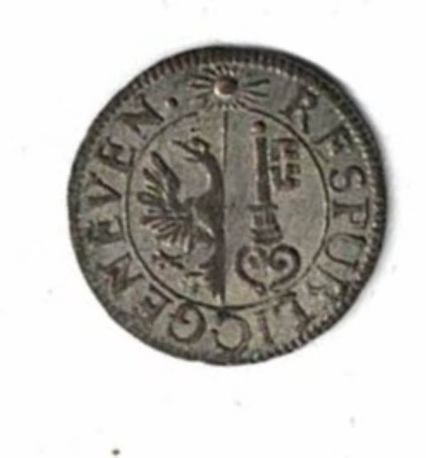1775 Switzerland Geneva KM79 Six Deniers Billon Coin. The obverse features arms within circle. The reverse features the sun & date.