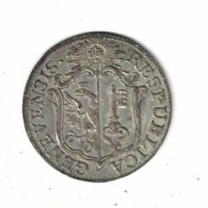 1791 Switzerland Geneva KM82 Billon Six Sols Coin. The obverse features the coat of arms. The reverse features the denomination & date.