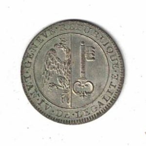 1795 Switzerland Geneva Billon Three Sol Coin. The obverse features arms within circle. The reverse features the denomination & date.