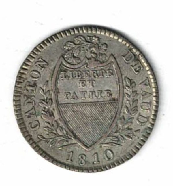 1810 Switzerland Canton Vaud Billon Five Batzan Coin. The obverse features shield and date. The reverse features the denomination.