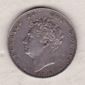 1826 silver sixpence coin featuring King George IV on the Obverse. The crowned lion on top of a crown, with legend around on the Reverse.