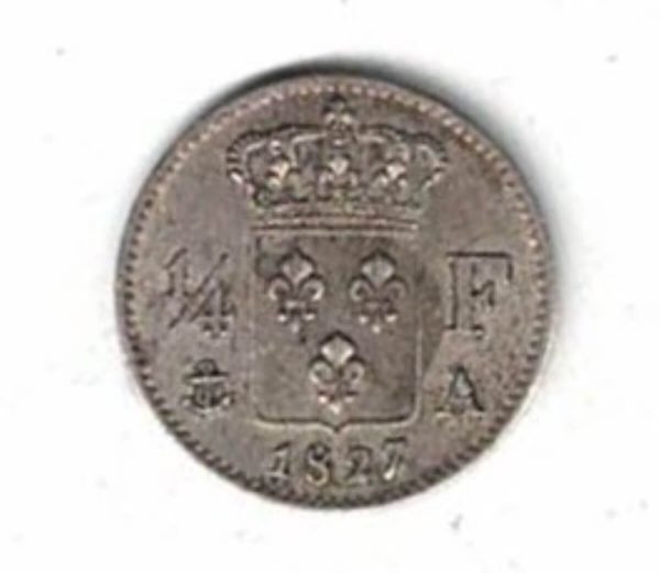 1827 A France Silver Quarter Franc Coin. The obverse features the bust of Charles X facing left. All coins are in stock for dispatch.