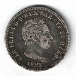 1827 P Italy Sardinia Silver Two Lira Coin. The obverse of this coin features the portrait of Carlo Felice facing right. All coins are in stock.