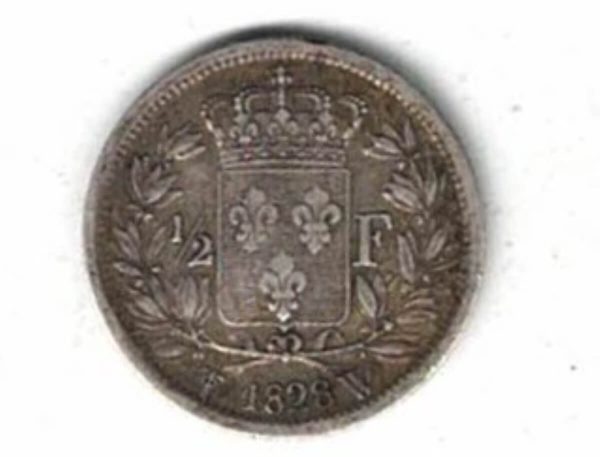 1828 W France Silver Half Franc Coin. The obverse features bust of Charles X facing left. All coins are in stock for dispatch.