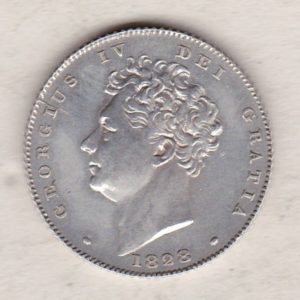 1828 silver sixpence coin featuring King George IV on the Obverse. The crowned lion on top of a crown, with legend around on the Reverse.
