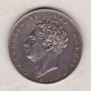 1829 silver sixpence coin featuring King George IV on the Obverse. The crowned lion on top of a crown, with legend around on the Reverse.
