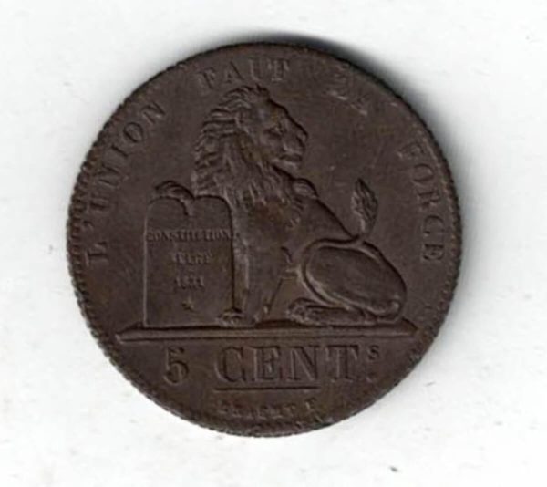 1833 Belgium Copper Five Centimes Coin. The obverse features the royal monogram is surrounded with lettering in French, with the date below.