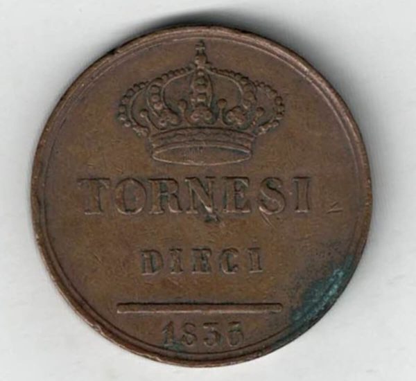 1835 Overstruck 5 Naples Italy Ten Tornesi Coin. The obverse side of this coin features the portrait of Ferdinando II Facing right.