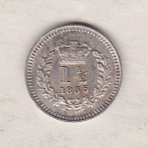 1835 Silver Three Halfpence coin features the portrait of King William IV. The reverse has the crowned denomination above the date within an oak wreath.