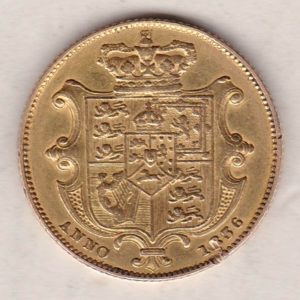 1836 Gold Sovereign Coin. This gold coin features William IV on the obverse. A crowned shield of arms and mantle, legend around on the reverse.