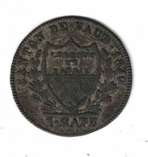 1830 Switzerland Canton Vaud Billon One Batzan. The obverse features a shield, denomination & date. The reverse features a wide cross.