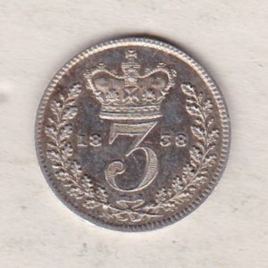 1838 Silver Threepence coin featuring the portrait of Queen Victoria on the Obverse. The Reverse features a crowned denomination dividing the date.