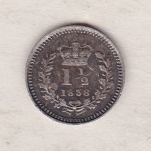 1838 Silver Three Halfpence coin features the portrait of Queen Victoria. The reverse has the crowned denomination above the date within an oak wreath.