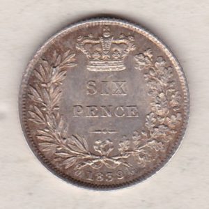 1839 silver sixpence coin featuring young head Queen Victoria on the Obverse. The crowned denomination within a wreath and date below on the Reverse.