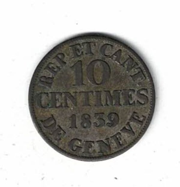 1839 Switzerland Geneva Billon Ten Centimes Coin - Image 2