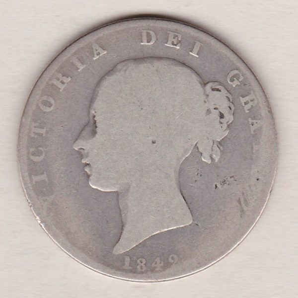 1842 Silver Halfcrown coin with young head Queen Victoria on the Obverse. Crowned square shield with laurel branches on the Reverse.