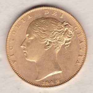 1842 Gold Sovereign Coin. The coin features a young head queen Victoria on the Obverse and the collectable shield design on the Reverse.
