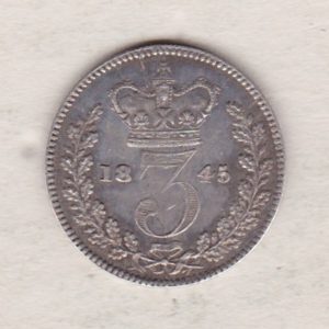 1845 Silver Threepence coin featuring the portrait of Queen Victoria on the Obverse. The Reverse features a crowned denomination dividing the date.