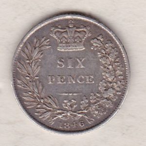 1846 silver sixpence coin featuring young head Queen Victoria on the Obverse. The crowned denomination within a wreath and date below on the Reverse.