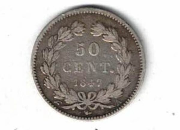 1847 A France Silver Fifty Centimes Coin.   The obverse features bust of Louis Philippe I facing right. All coins are instock.
